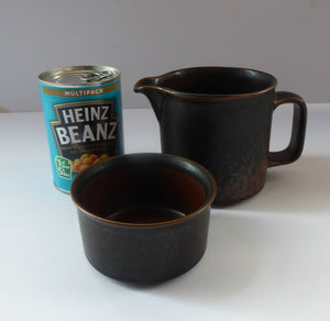 ARABIA POTTERY, Finland. 1960s Rustic RUSKA Open Sugar Bowl and Milk Jug. Designed by Ulla Procope