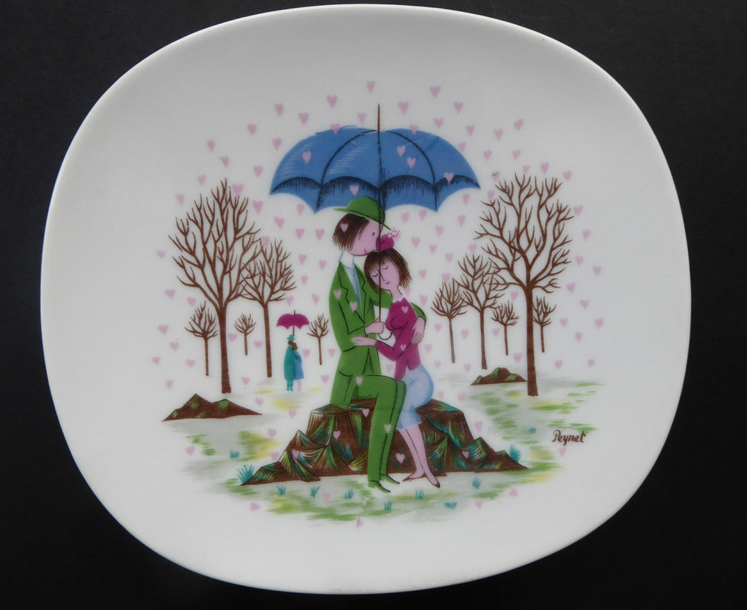 Vintage ROSENTHAL Small Dish. Shower of Hearts. The Lovers by Peynet. Two Sweethearts Shelter under an Umbrella - it rains little hearts.