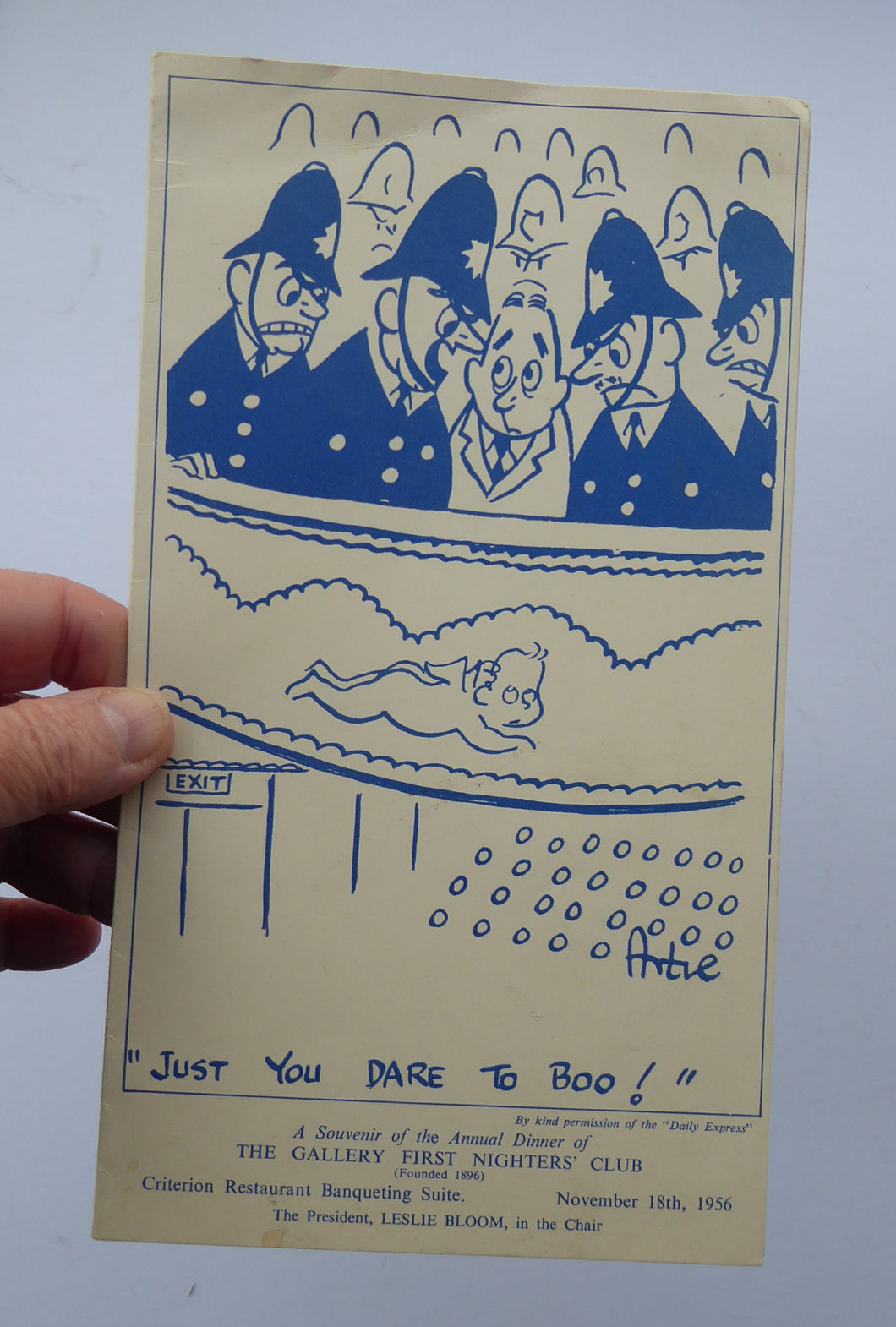 THEATRE HISTORY DOCUMENT:  The Gallery First Nighter's Club Annual Dinner Menu Card 1956