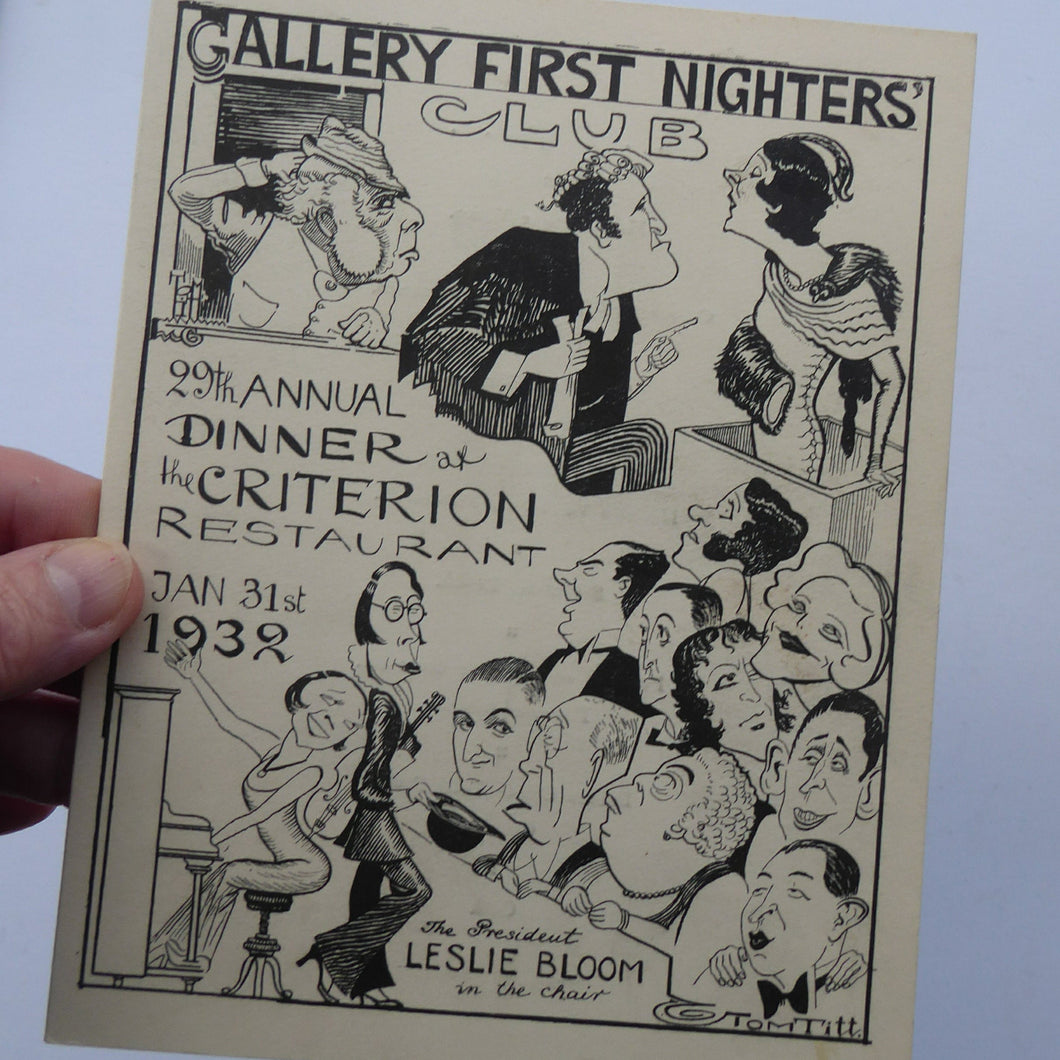 THEATRE HISTORY DOCUMENT:  The Gallery First Nighter's Club Annual Dinner Menu Card 1932
