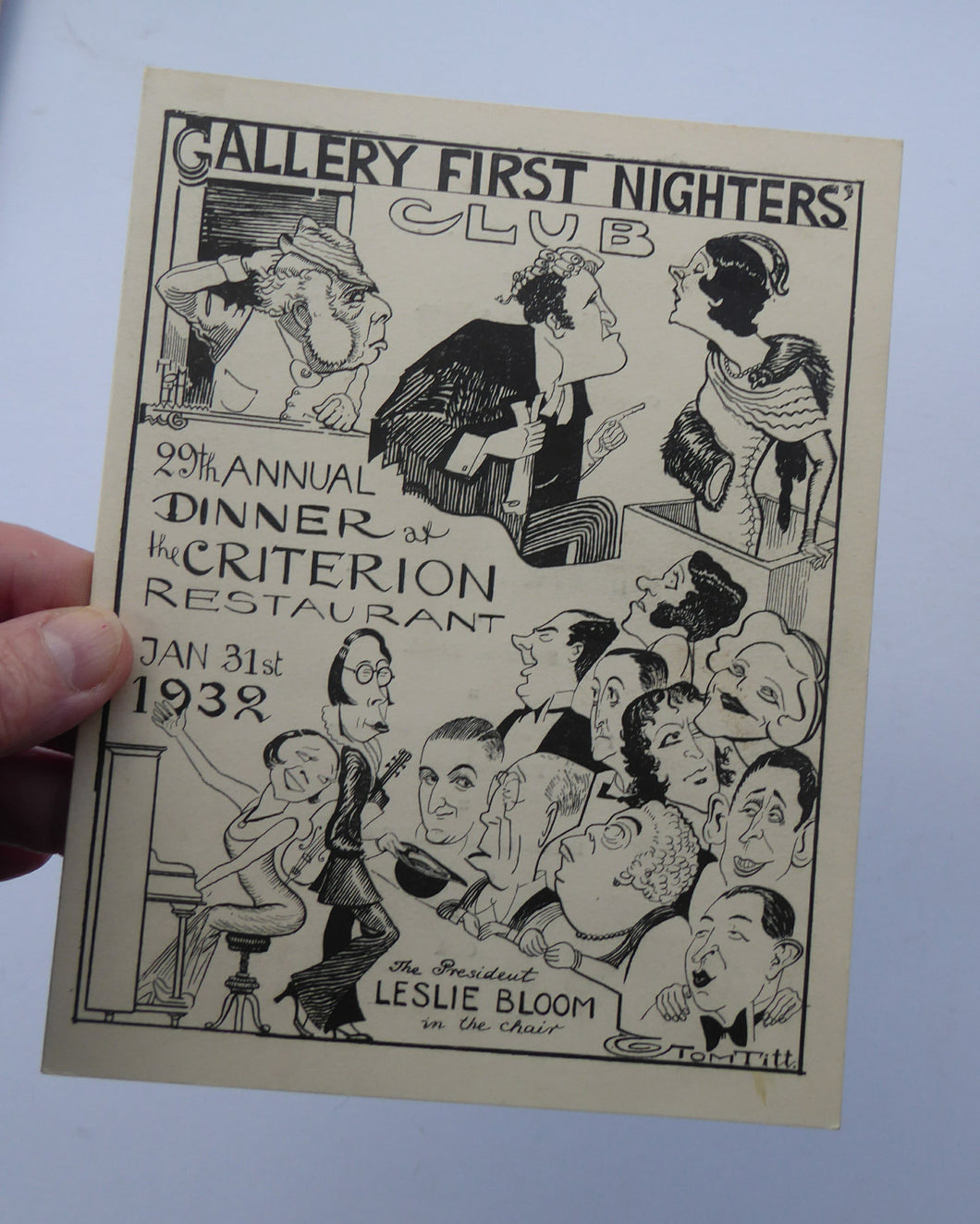 THEATRE HISTORY DOCUMENT:  The Gallery First Nighter's Club Annual Dinner Menu Card 1932