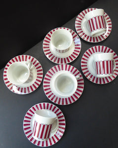 Vintage 1960s POLISH Wloclawek Porcelain Red and White Striped Coffee Set. Coffee Pot, Milk and Sugar Bowl, Six Cups and Saucers