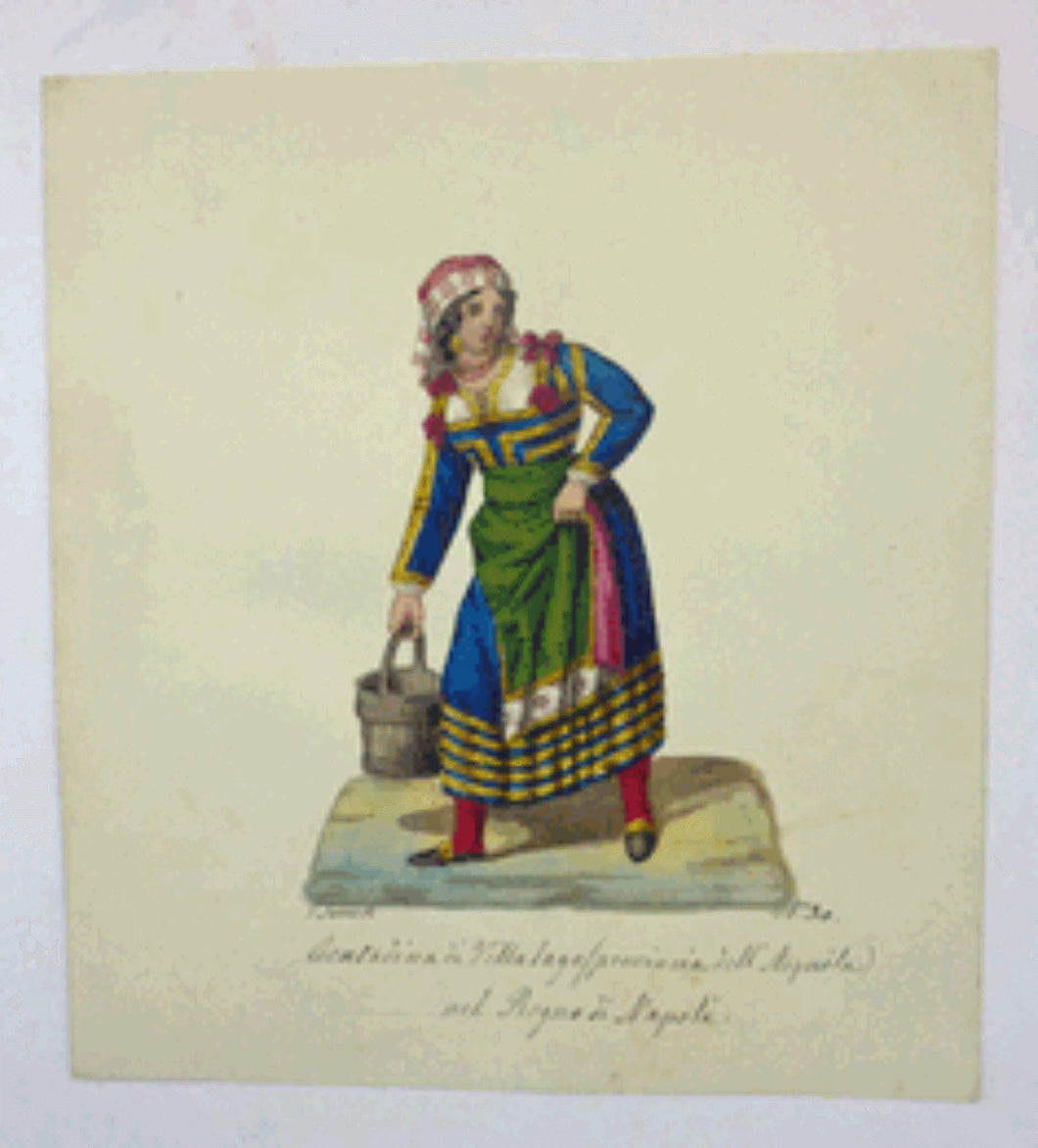 MALTESE ART. Early 19th Century Watercolour Costume Studies by Vincenzo Feneck.  Neapolitan Lady Carrying a Pail of Water