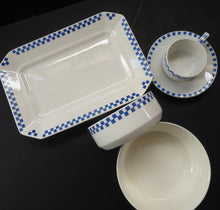 Load image into Gallery viewer, GERMAN ART DECO Waechtersbach Small Group of Cup &amp; Saucer, Oblong Plate and Two Bowls:  with Simple Blue and White Checked Rim
