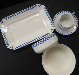GERMAN ART DECO Waechtersbach Small Group of Cup & Saucer, Oblong Plate and Two Bowls:  with Simple Blue and White Checked Rim