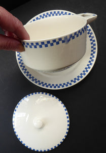 GERMAN ART DECO Waechtersbach Small Lidded Dish and Plate Stand: with Simple Blue and White Checked Rim
