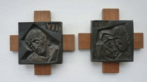 14 Stylised Vintage Cast Bronze Plaques Mounted on Oak Batons: The Stations of the Cross by R. Gourdan