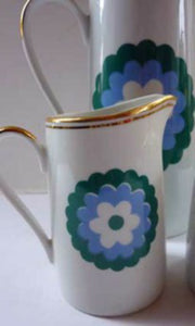 Vintage 1960s Polish Porcelain Coffee Set Abstract Blue Flowers