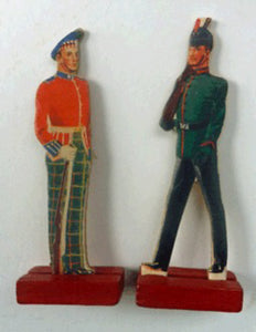 1950s Box of Printed Card Toy Soldiers with Wooden Stands. MASCOT