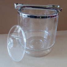 Load image into Gallery viewer, 1970s SPACE AGE Clear Plastic Ice Bucket with Silver Chrome Trims. Original Stainless Steel Ice Tongs
