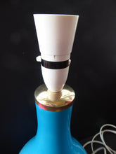 Load image into Gallery viewer, Vintage 1960s HOLMEGAARD Glass Lamp (RE-WIRED) with Original Neck Brass Fitting. Turquoise Blue Coloured Glass. 13 1/2 inches tall
