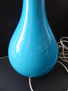 Vintage 1960s HOLMEGAARD Glass Lamp (RE-WIRED) with Original Neck Brass Fitting. Turquoise Blue Coloured Glass. 13 1/2 inches tall