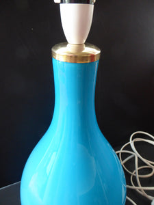 Vintage 1960s HOLMEGAARD Glass Lamp (RE-WIRED) with Original Neck Brass Fitting. Turquoise Blue Coloured Glass. 13 1/2 inches tall