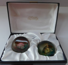 Load image into Gallery viewer, Scottish Glass. PAIR of Boxed Vintage Caithness Glass Paperweights. Alpha and Omega. LIMITED EDITION of 150
