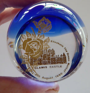 SCOTTISH GLASS Caithness Paperweight. 90th Birthday Issue for the Queen Mother. GLAMIS Castle and Rose