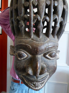 MASSIVE SIZE. Vintage Early / Mid 20th Century Cameroon Bamileke Wooden Helmet Mask with Carved Crocodile Headress