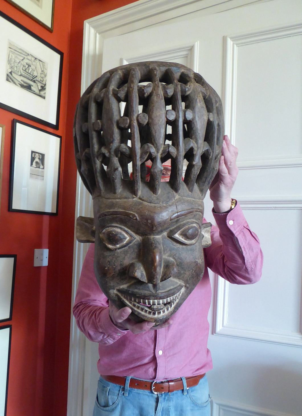 MASSIVE SIZE. Vintage Early / Mid 20th Century Cameroon Bamileke Wooden Helmet Mask with Carved Crocodile Headress