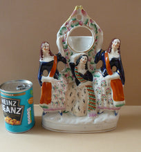 Load image into Gallery viewer, Antique STAFFORDSHIRE POTTERY Pocket Watch Holder. Group of Three Ladies Standing beside a Fruiting Vine Bough. Twin Birds on Top; c 1880s
