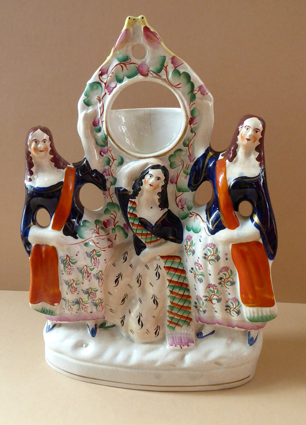 Antique STAFFORDSHIRE POTTERY Pocket Watch Holder. Group of Three Ladies Standing beside a Fruiting Vine Bough. Twin Birds on Top; c 1880s
