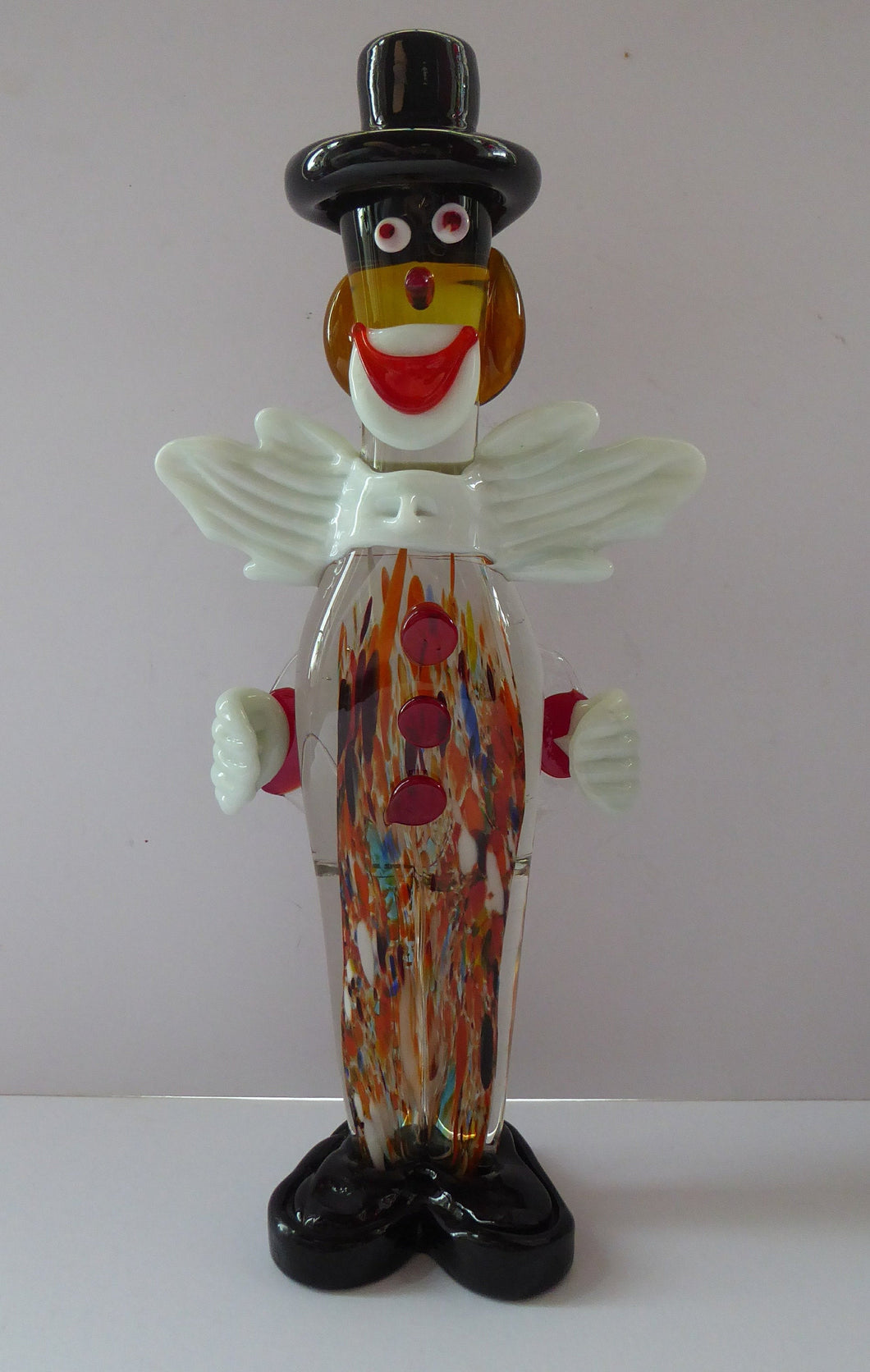 LARGE 12 3/4 inches Vintage MURANO GLASS Clown. Black Top Hat and Massive White Bow