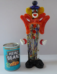 LARGE 11 3/4 inches Vintage MURANO GLASS Clown. Blue Top Hat and Massive Butterfly Like Orange Bow