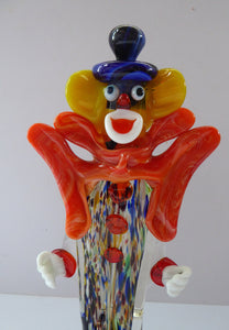 LARGE 11 3/4 inches Vintage MURANO GLASS Clown. Blue Top Hat and Massive Butterfly Like Orange Bow