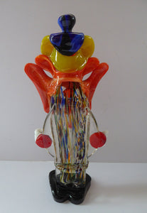 LARGE 11 3/4 inches Vintage MURANO GLASS Clown. Blue Top Hat and Massive Butterfly Like Orange Bow