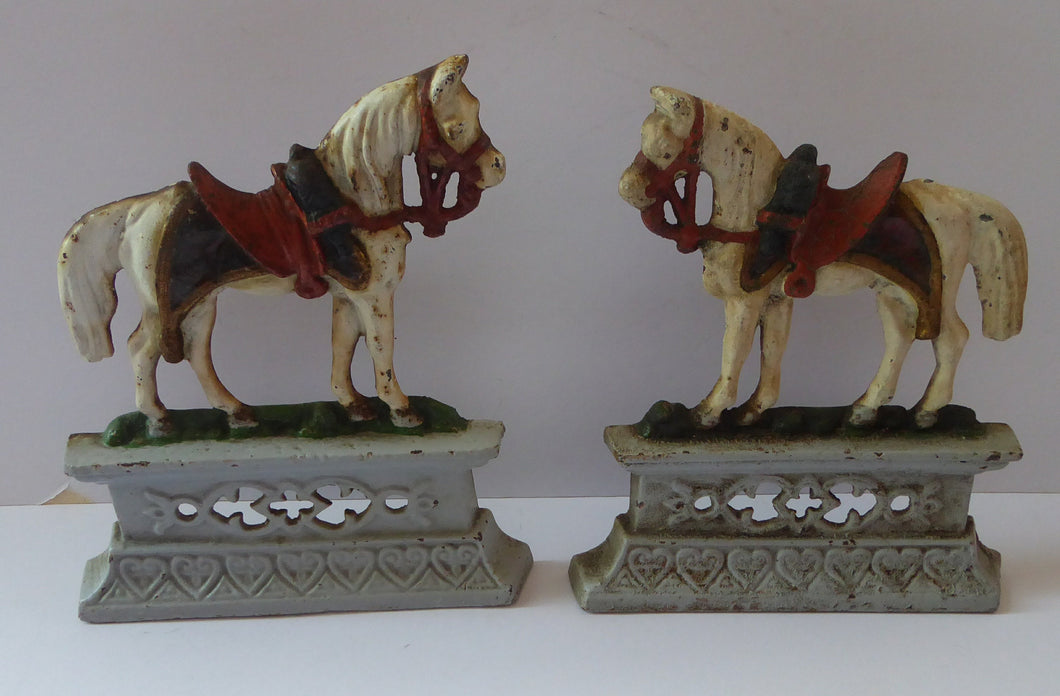 VICTORIAN PAIR of Cast Iron White Horses Door Stops or Fireplace Ornaments. With Original Paintwork & Victorian Registration Lozenge