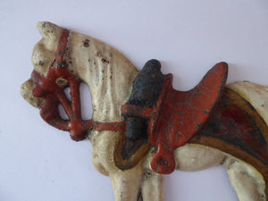 VICTORIAN PAIR of Cast Iron White Horses Door Stops or Fireplace Ornaments. With Original Paintwork & Victorian Registration Lozenge