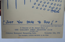 Load image into Gallery viewer, THEATRE HISTORY DOCUMENT:  The Gallery First Nighter&#39;s Club Annual Dinner Menu Card 1956
