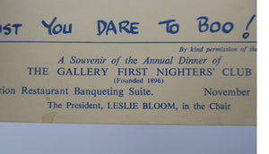 THEATRE HISTORY DOCUMENT:  The Gallery First Nighter's Club Annual Dinner Menu Card 1956