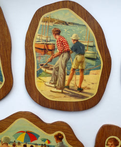 STRANGE 1950s Wooden Plate Mats - with Stylish Seaside or 1950s Beach Illustrations on each