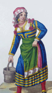 MALTESE ART. Early 19th Century Watercolour Costume Studies by Vincenzo Feneck.  Neapolitan Lady Carrying a Pail of Water