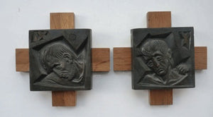 14 Stylised Vintage Cast Bronze Plaques Mounted on Oak Batons: The Stations of the Cross by R. Gourdan