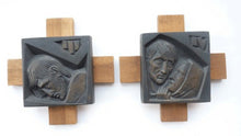 Load image into Gallery viewer, 14 Stylised Vintage Cast Bronze Plaques Mounted on Oak Batons: The Stations of the Cross by R. Gourdan
