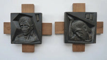 Load image into Gallery viewer, 14 Stylised Vintage Cast Bronze Plaques Mounted on Oak Batons: The Stations of the Cross by R. Gourdan
