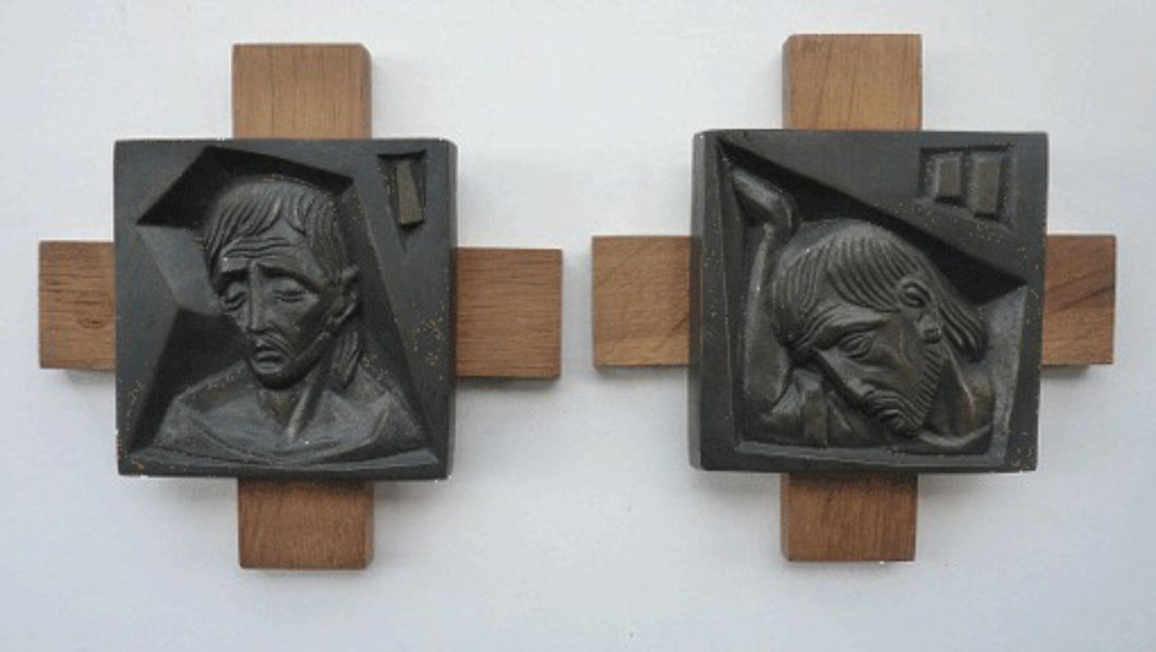 14 Stylised Vintage Cast Bronze Plaques Mounted on Oak Batons: The Stations of the Cross by R. Gourdan