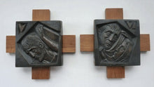 Load image into Gallery viewer, 14 Stylised Vintage Cast Bronze Plaques Mounted on Oak Batons: The Stations of the Cross by R. Gourdan
