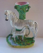 Load image into Gallery viewer, STAFFORDSHIRE ZEBRA and Foal Spill Vase; Very Rare Antique Model c 1860
