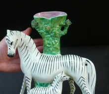 Load image into Gallery viewer, STAFFORDSHIRE ZEBRA and Foal Spill Vase; Very Rare Antique Model c 1860
