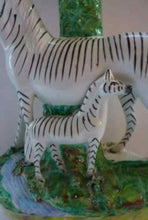 Load image into Gallery viewer, STAFFORDSHIRE ZEBRA and Foal Spill Vase; Very Rare Antique Model c 1860
