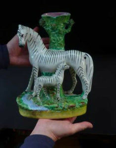 STAFFORDSHIRE ZEBRA and Foal Spill Vase; Very Rare Antique Model c 1860