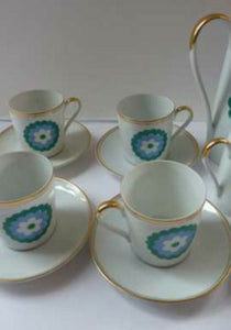 Vintage 1960s Polish Porcelain Coffee Set Abstract Blue Flowers