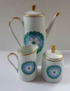 Vintage 1960s Polish Porcelain Coffee Set Abstract Blue Flowers