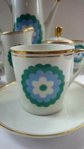 Vintage 1960s Polish Porcelain Coffee Set Abstract Blue Flowers