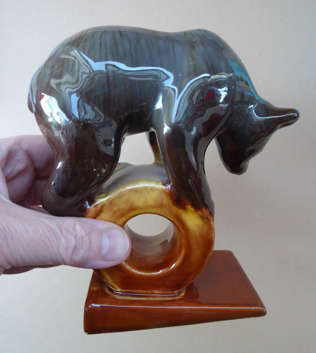 1950s RUSSIAN Konakovo Majolica Acrobatic Bear - with the 3NK (or Zeke / Zik mark). Made in the USSR.