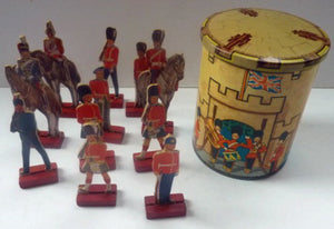 1950s Box of Printed Card Toy Soldiers with Wooden Stands. MASCOT