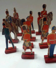 Load image into Gallery viewer, 1950s Box of Printed Card Toy Soldiers with Wooden Stands. MASCOT
