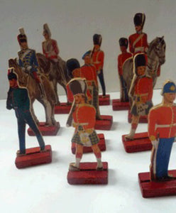 1950s Box of Printed Card Toy Soldiers with Wooden Stands. MASCOT