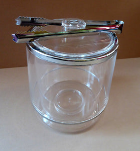 1970s SPACE AGE Clear Plastic Ice Bucket with Silver Chrome Trims. Original Stainless Steel Ice Tongs